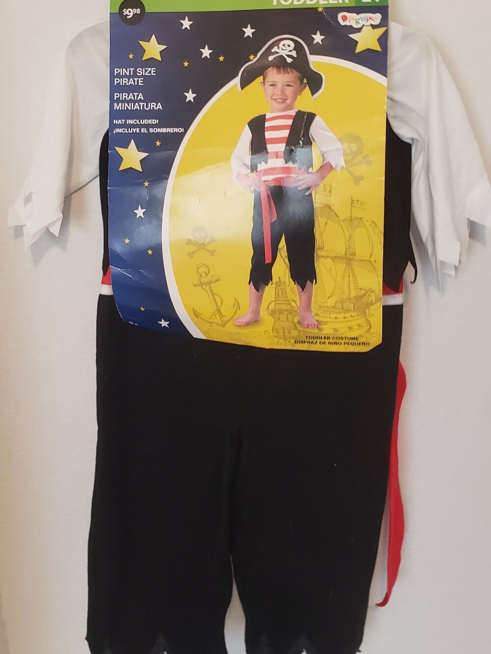 Kids 2T Pirate One-Piece Costume comes w/hat. Soft, easy design for all day wear